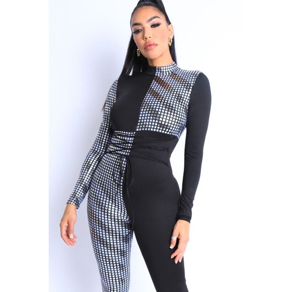 Women's Mosaic Colorblock Tie Detailed Jumpsuit Party Club Lounge Jumpsuit - Picture 12 of 13